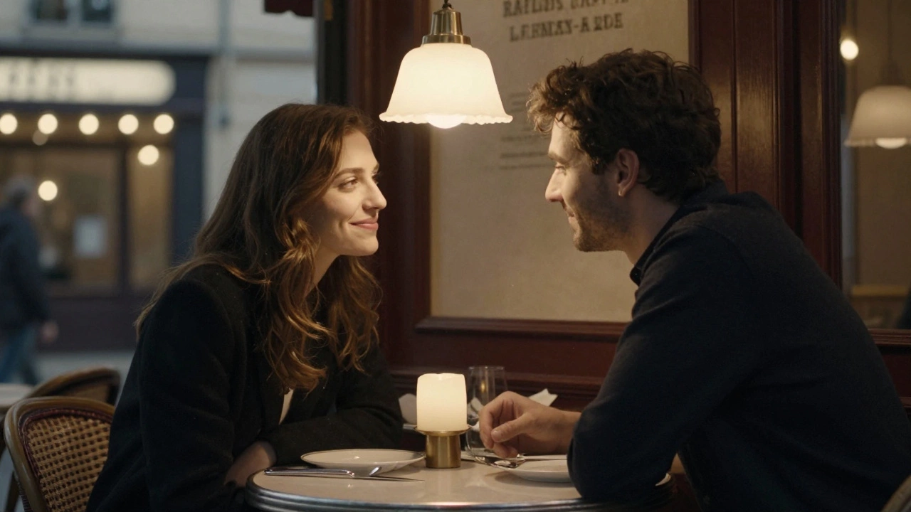 A couple having a thoughtful conversation at a candlelit bistro table in Paris, no physical contact, only connection.