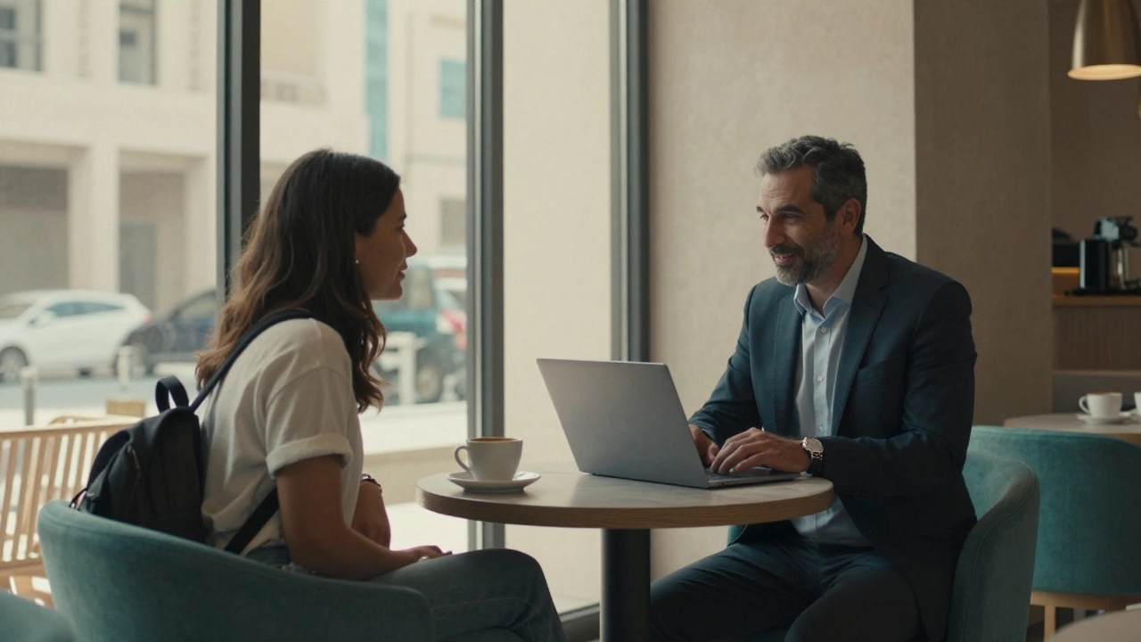 A woman and man in a Dubai café laughing over coffee, engaged in thoughtful conversation.